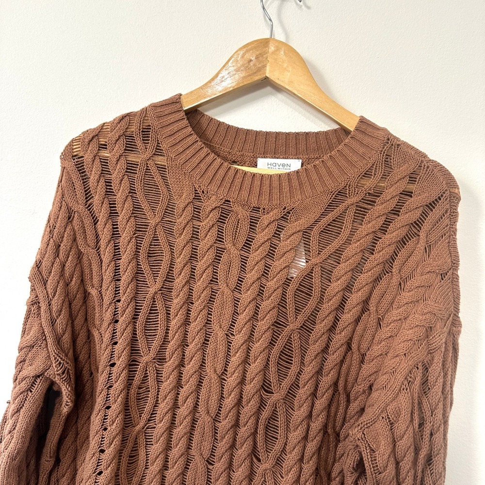Haven Well Within Organic Cotton Cable Knit Sweater Brown Pointelle M NWT $148 - Picture 3 of 9